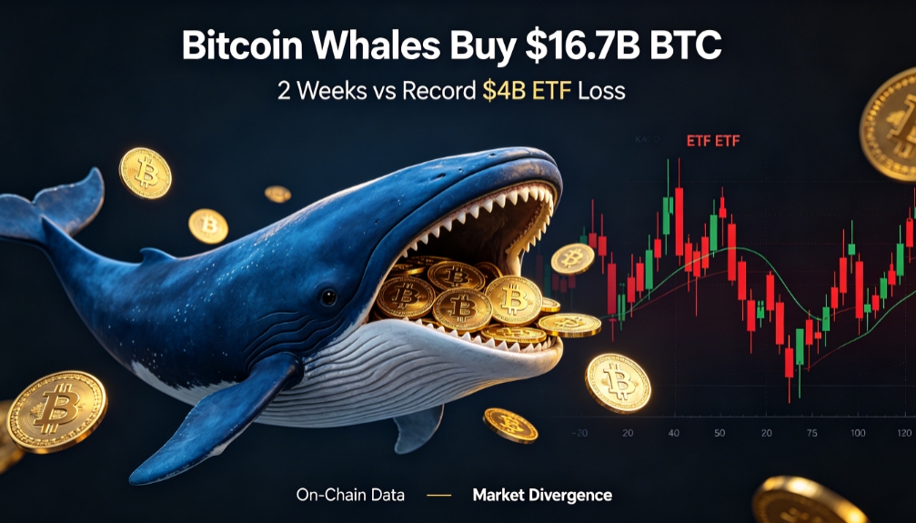 Bitcoin whales purchased $16.7 billion worth of Bitcoin over two weeks, while ETFs posted a record $4 billion loss.